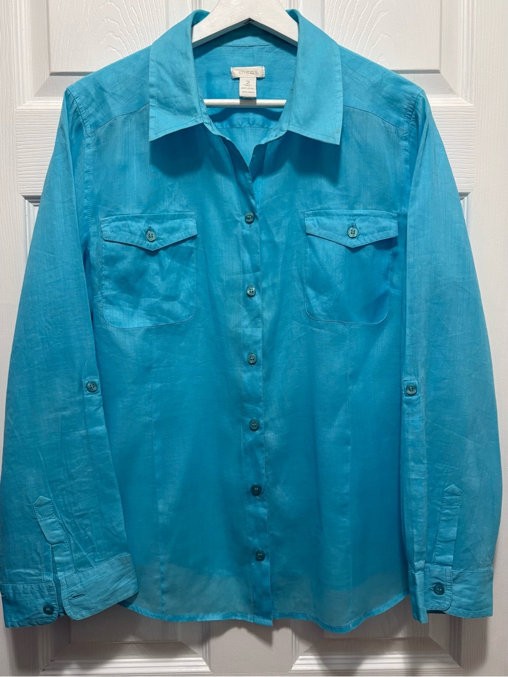 Chico’s Turquoise Lightweight Button Down Shirt Roll Tab Sleeves Coastal Resort
